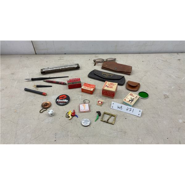 Antique General Store Lot: Goliath Hohner Harmonica, Vintage Eyeglasses, Ink Pens, Nibs, Magnifier