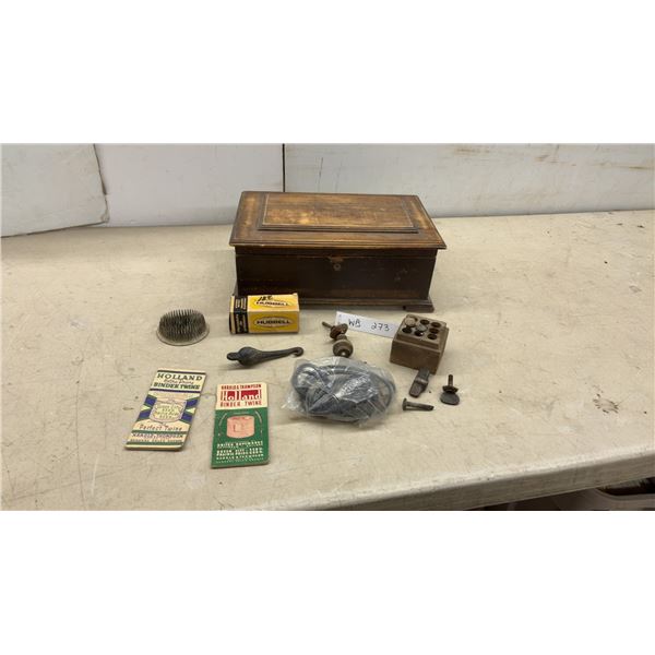 Antique Wood Lock Box, 2 Holland Binder Twine Booklets, Nail Case, Cabinet & Electrical Hardware