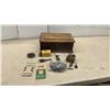 Image 1 : Antique Wood Lock Box, 2 Holland Binder Twine Booklets, Nail Case, Cabinet & Electrical Hardware