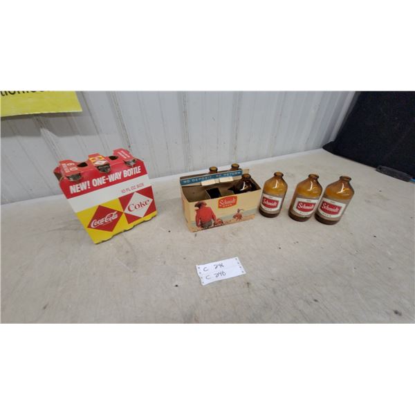 Vintage Coca-Cola One-Way Bottle Six-Pack Carrier and Schmidt Beer Bottles