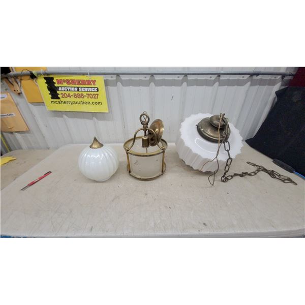 Vintage White Opal Glass Globe with Brass Finial, Lantern Frame, and Pendant Light