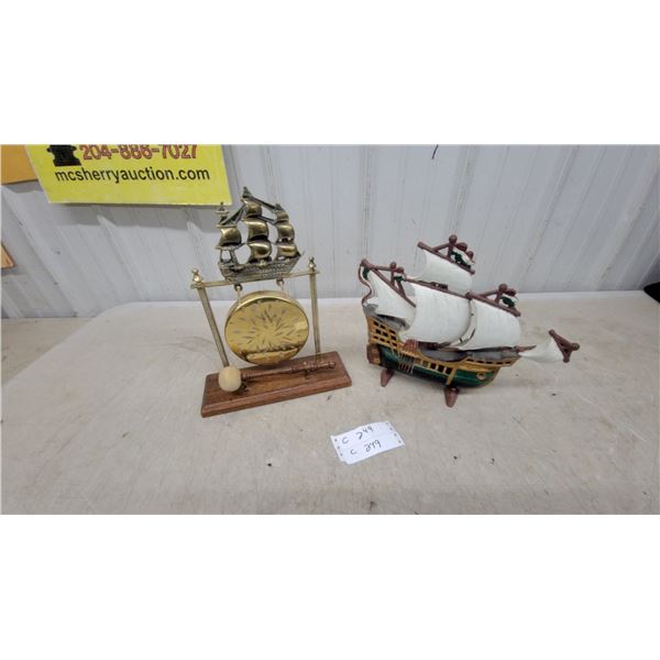 Brass Nautical Gong on Wood Plaque and Decorative Sailing Ship