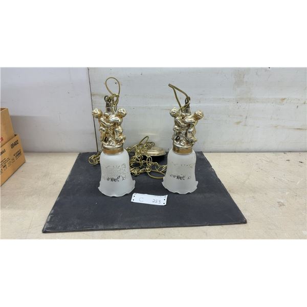 Pair of Vintage Brass Cherub Pendant Light Fixtures with Frosted Glass Shades