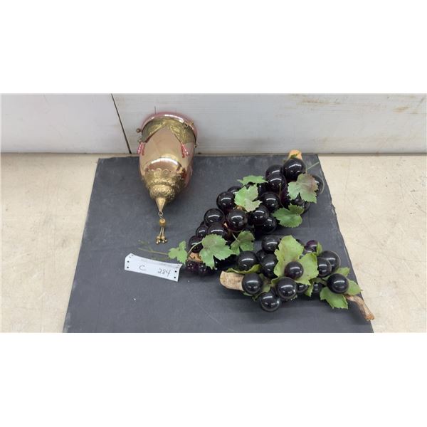 Vintage Pink Glass Hanging Lantern with Brass Fittings and Two Artificial Grape Clusters