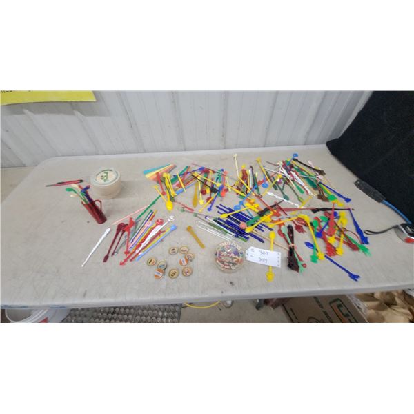 Collection of Vintage Plastic Cocktail Swizzle Sticks, Stirrers, Bottle Caps, and More