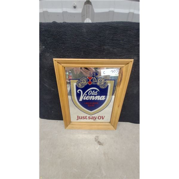 Old Vienna Lager Beer Advertising Mirror in Wood Frame, "Just Say OV" Slogan 11 x 14"
