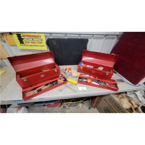 Two Red Metal Toolboxes with Plumbing Supplies, Fittings, Odd Tools and More