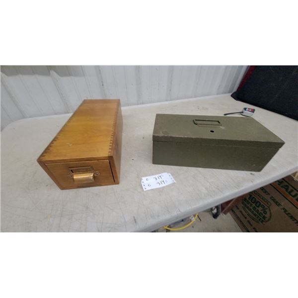 Vintage Wooden Dovetail File Drawer Box and Simplex Green Metal Utility Box