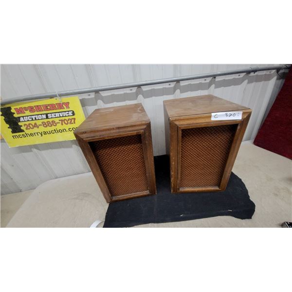 Pair of Vintage Wooden Cabinet Speakers with Fabric Grilles