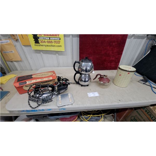 Vintage General Electric Automatic Steam Iron with Original Box and Nabisco Tin Coffee Perculator