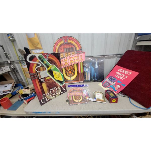 Collins Classics Lemon Gin Standee, Beistle Rock & Roll Jukebox Cutouts, and More