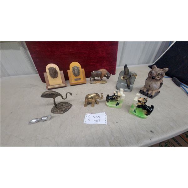 Collection of Animal Figurines Including Brass Elephant, Owl, Crane, and More