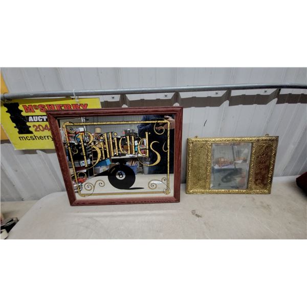 Billiards Mirror with Eight Ball Graphic in Wood Frame 18 x 22" and Ornate Brass-Framed Mirror