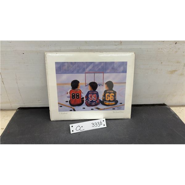 T. Richard "The Great Ones" Hockey Art Print Featuring Lindros, Gretzky, and Lemieux, 8 1/2 x 10