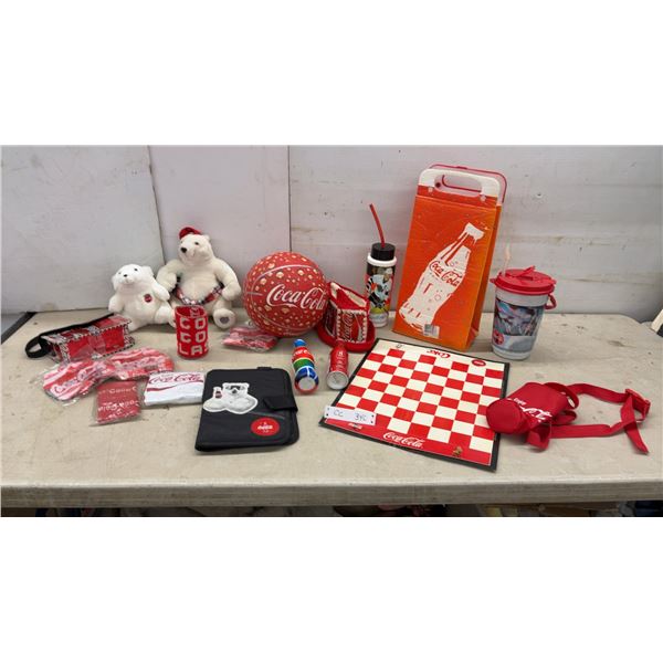 Coca-Cola Collectibles Lot: Plush Polar Bears, Checkerboard, Basketball, Purse, Tumblers, and More
