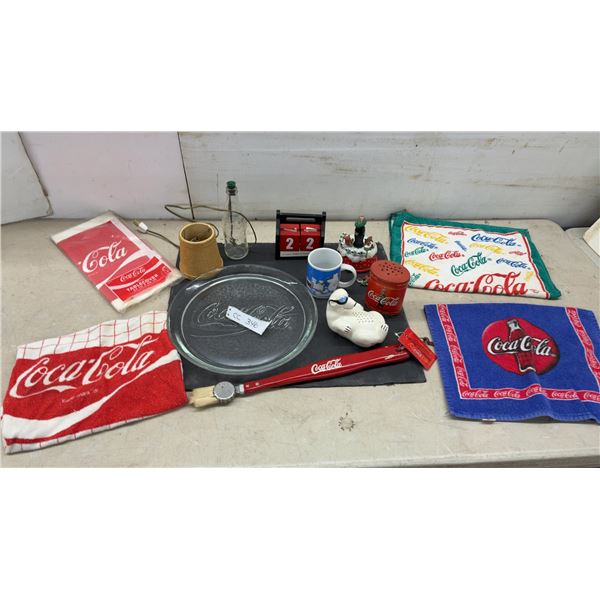 Coca-Cola Collectibles Lot: Glass Serving Tray, Bottle Lamp, Calendar, Towels, and More
