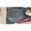 Image 2 : Coca-Cola Collectibles Lot: Glass Serving Tray, Bottle Lamp, Calendar, Towels, and More