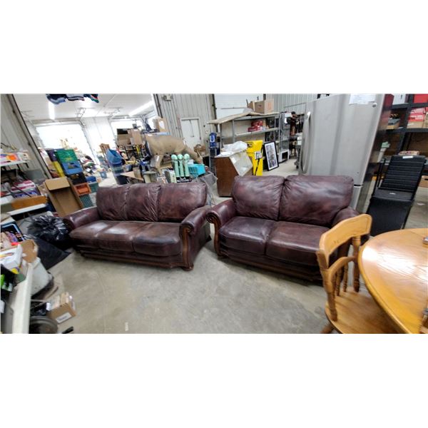 Leather Three-Seater Sofa with Rolled Arms and Carved Wood Trim 84" and Luv Seat 63"
