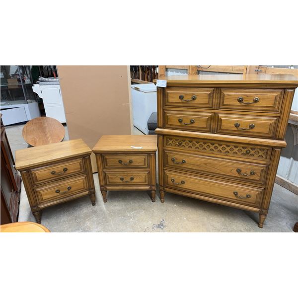 Traditional Wood Highboy Dresser 40 x 20 x 49 and Matching Two-Drawer Nightstands 24 x 24 x 15