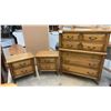 Image 1 : Traditional Wood Highboy Dresser 40 x 20 x 49 and Matching Two-Drawer Nightstands 24 x 24 x 15