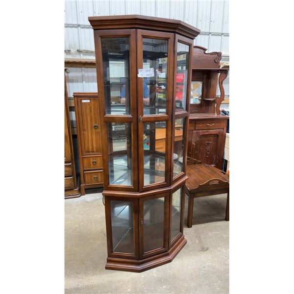 Cherry Finish Corner Curio Cabinet with Glass Shelves and Dual Doors 72 x 31 x 19-1/2
