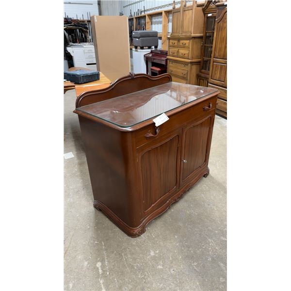 Antique Mahogany Server with Serpentine Backsplash, Glass Top, and Carved Pulls 44 x 21 x 41