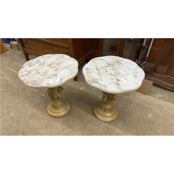 Pair of Rococo-Style Accent Tables with Faux Marble Tops and Cherub Pedestal Bases 19 x 18