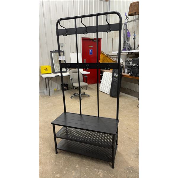 Black Metal Hall Tree with Coat Hooks, Bench Seat, and Perforated Shoe Storage Shelves 35-1/2 x 15