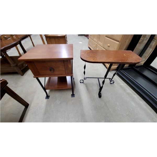 Wooden End Table with Single Drawer and Lower Shelf on Wrought Iron Base