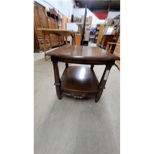 Two-Tier Wooden End Table with Fluted Legs and Carved Accents 21 x 21 x 27"