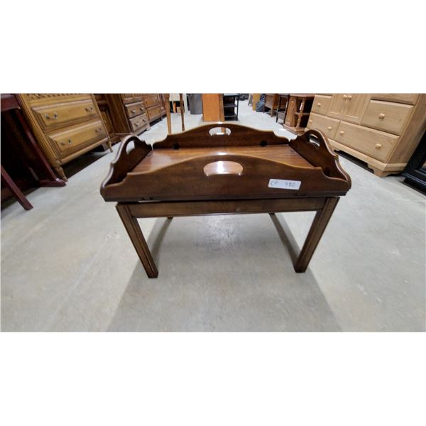 Wooden Butler's Tray End Table with Scalloped Edge and Cut-Out Handles16 x 29 x 20" Drop Leaf