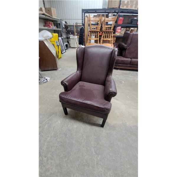 Burgundy Leather Wingback Armchair with Nailhead Trim
