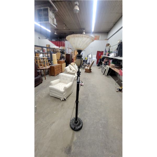 Torchiere Floor Lamp with Shell-Shaped Glass Shade and Ornate Metal Base
