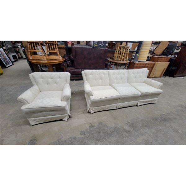 Cream Damask Upholstered Three-Seater Sofa and Matching Armchair Set