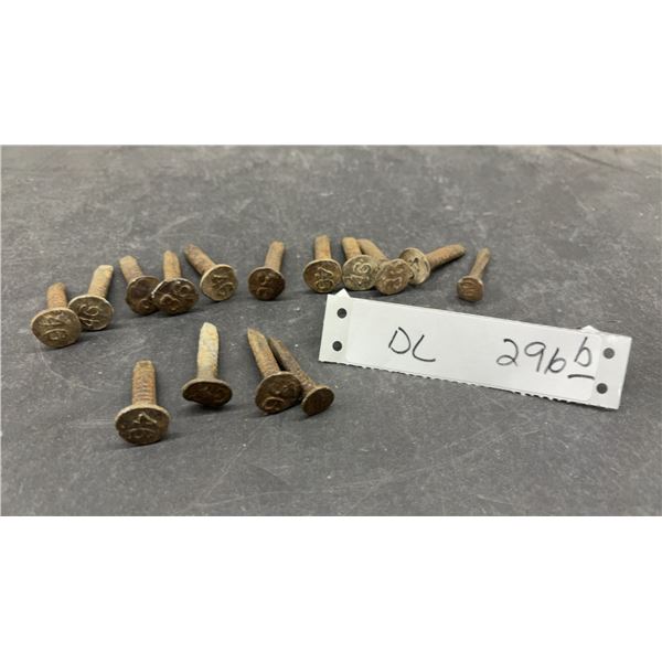 Lot of Vintage Railroad Dated Nails with Stamped Numerals, Approximately 16 Pieces