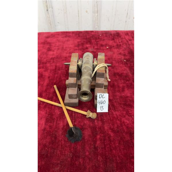 Miniature Brass Cannon on Wooden Naval Carriage with Ramrod and Sponge Tools