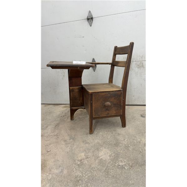 Antique Wooden School Desk with Integrated Chair and Storage Drawer