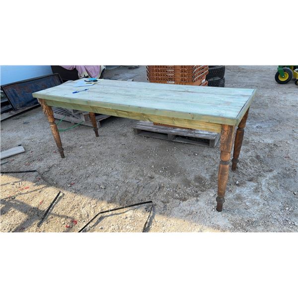 Rustic Farmhouse Table with Turned Legs and Distressed Painted Plank Top 27 x 30 x 75-1/2
