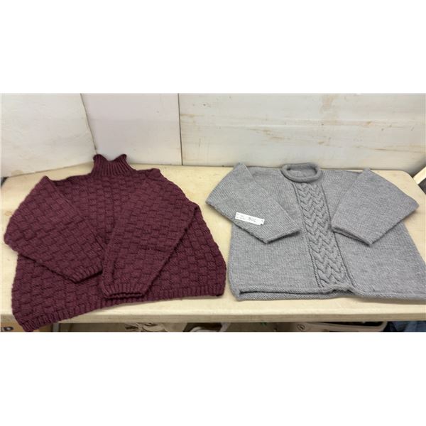Two Hand-Knitted Sweaters, Burgundy Turtleneck and Grey Cowl-Neck with Cable Knit Design, Sz M-L