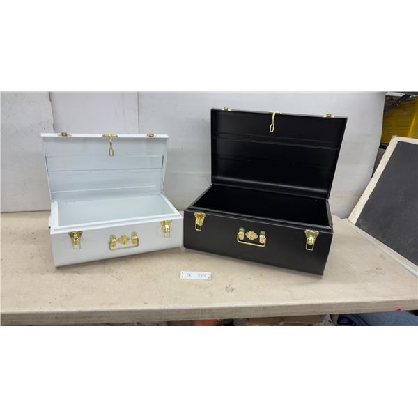 Two Metal Storage Trunks with Gold-Tone Latches and Hardware, Black and White, Never Used