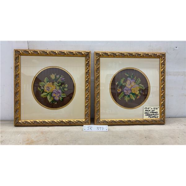 Pair of Framed Needlepoint Floral Artworks, 13 1/2 x 13 1/2"