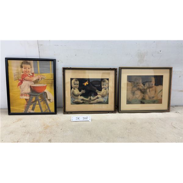 Three Vintage Framed Prints Featuring Children and Babies, 13 x 11"