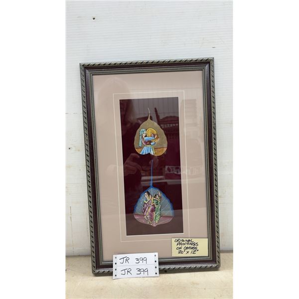 Original Paintings on Leaves in Decorative Frame, 20 x 12"