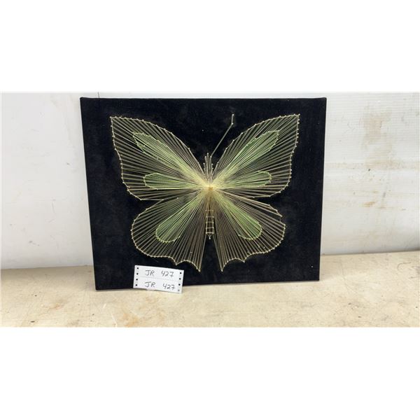 Vintage Handmade String Art Butterfly Wall Hanging on Black Velvet Board, 16 x 20"