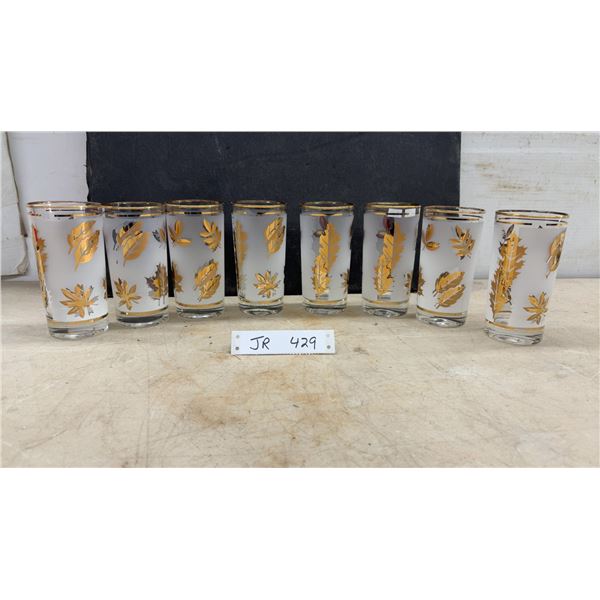 Libbey Golden Foliage Frosted Glass Tumblers with Gold Leaf Design, Set of Eight