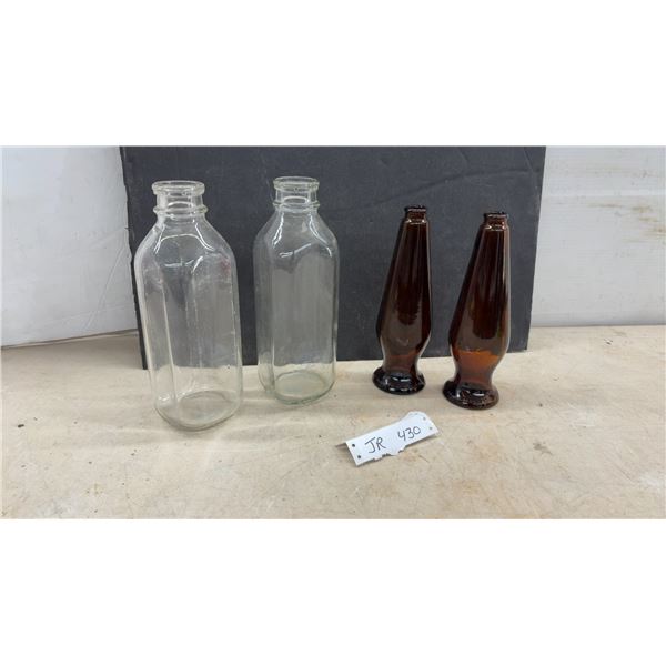 Vintage Clear Glass Milk Bottles and Amber Glass Beer Swirl Bottles, Four Pieces