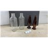 Image 1 : Vintage Clear Glass Milk Bottles and Amber Glass Beer Swirl Bottles, Four Pieces