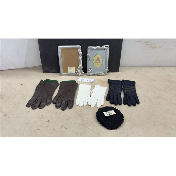 Pair of Seagull Pewter 5 x 7" Photo Frames, Vintage Leather Gloves, Ladies Evening Gloves, Pin