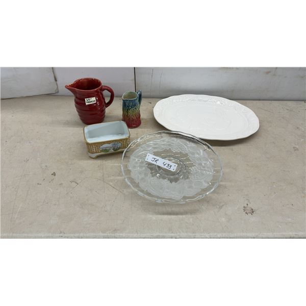 Medalta 6.5" Red Ribbed Pitcher, Antique Nippon Art Deco Box, White Turkey Platter, Glass Cake