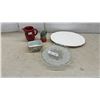 Image 1 : Medalta 6.5" Red Ribbed Pitcher, Antique Nippon Art Deco Box, White Turkey Platter, Glass Cake